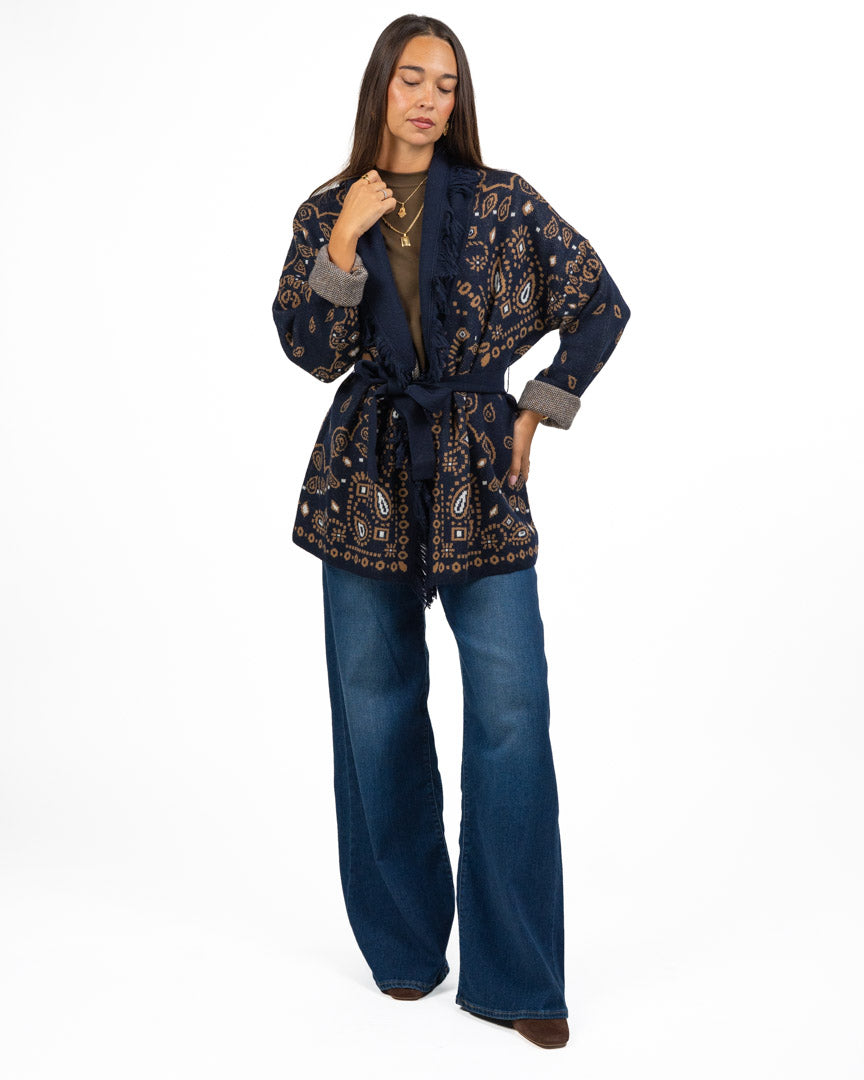 Cardigan Stile Jacquard con Frange e Cintura - Pennyblack