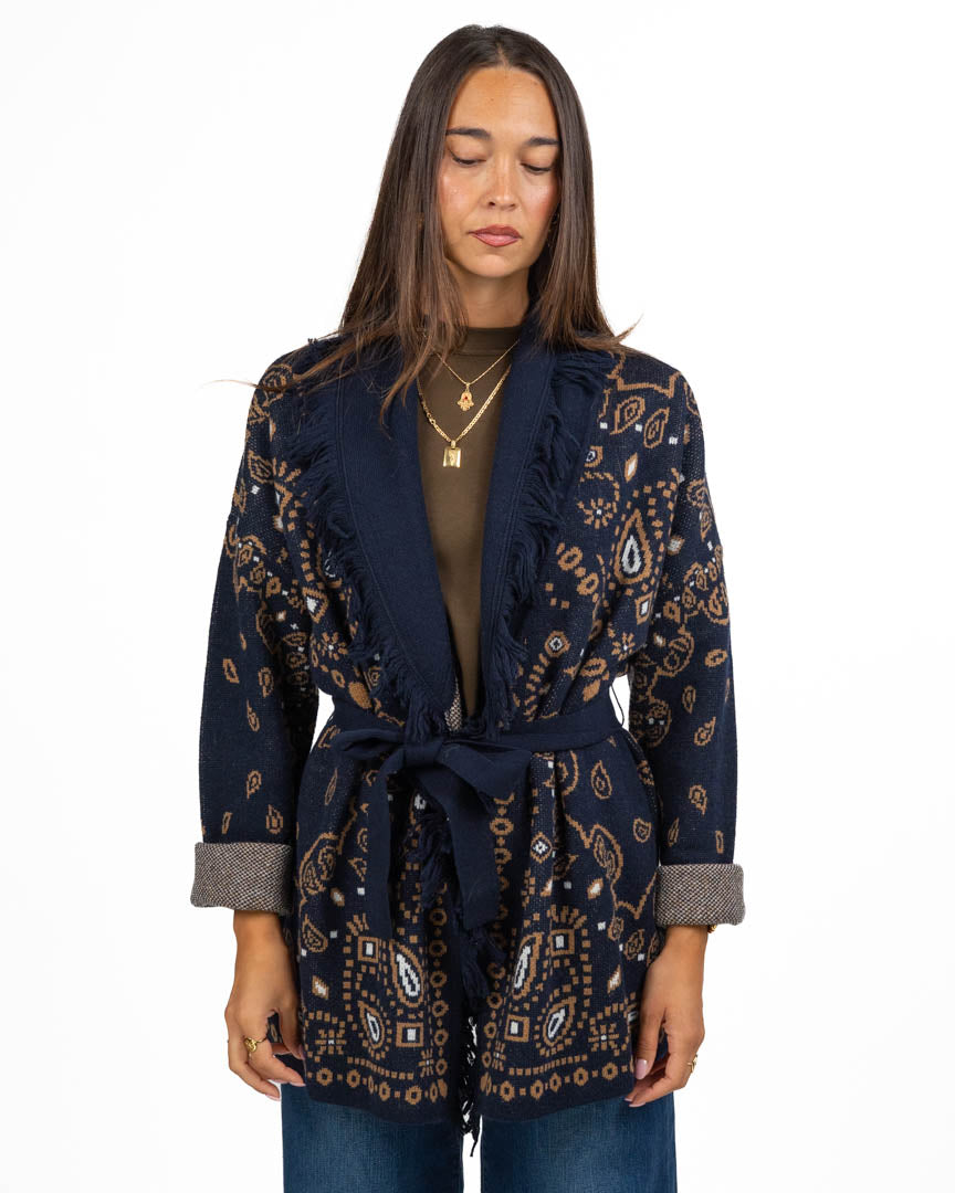 Cardigan Stile Jacquard con Frange e Cintura - Pennyblack