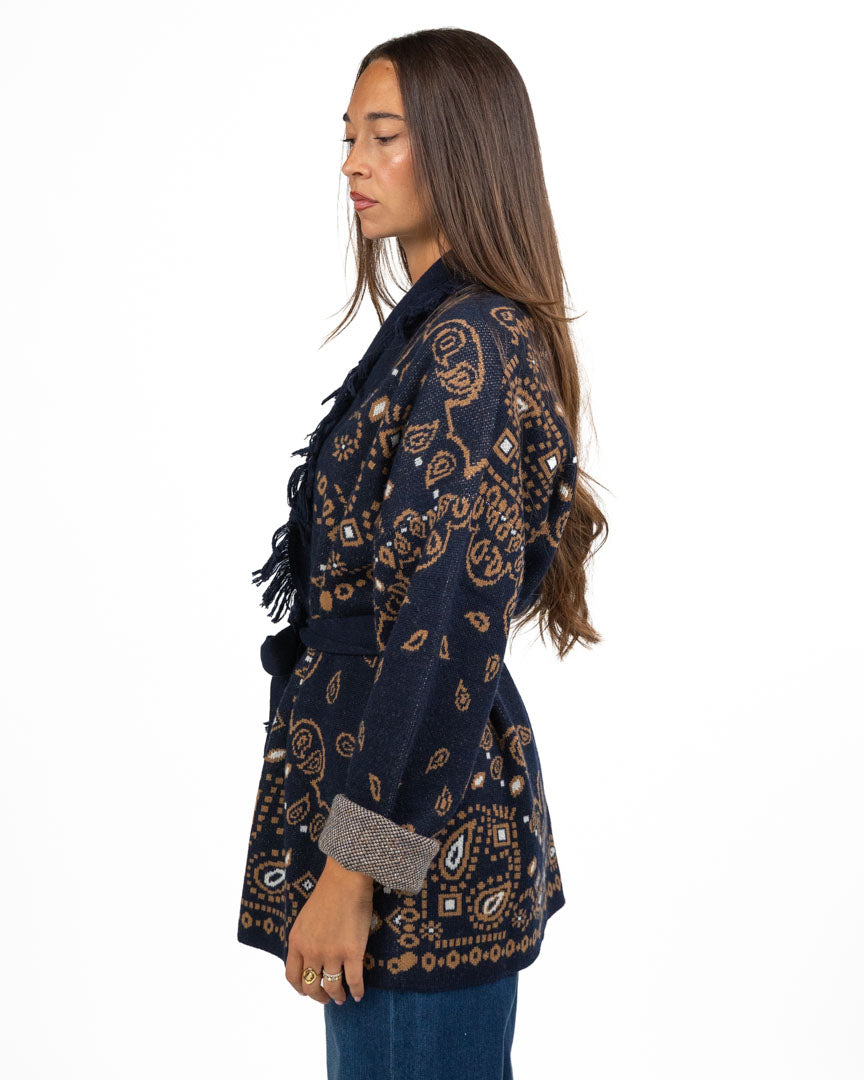 Cardigan Stile Jacquard con Frange e Cintura - Pennyblack