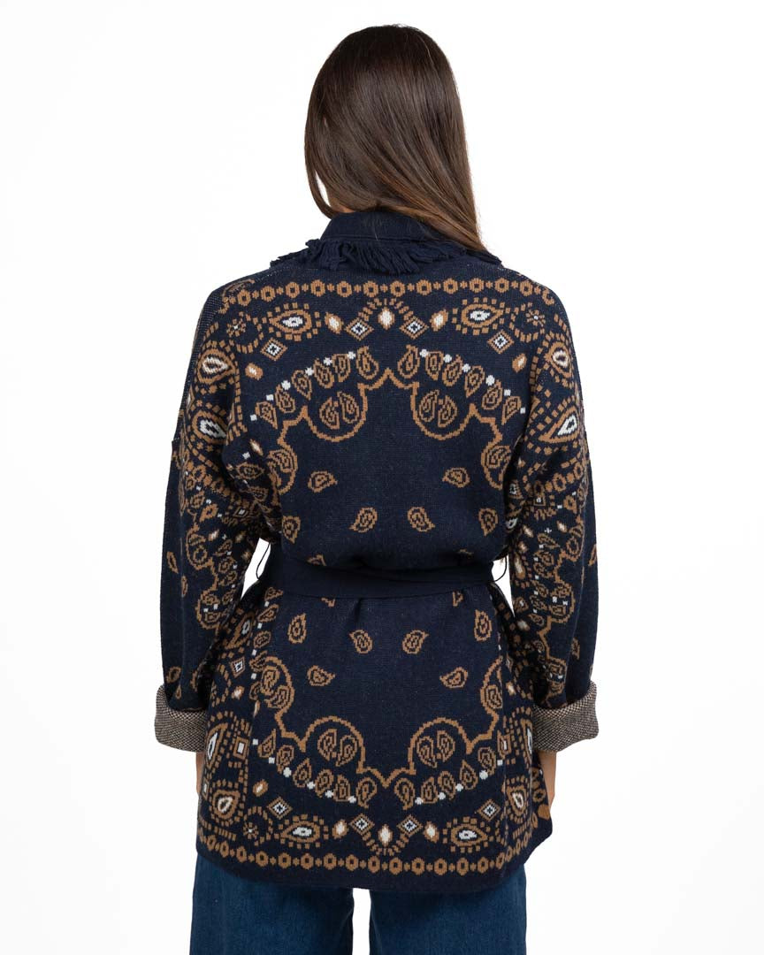 Cardigan Stile Jacquard con Frange e Cintura - Pennyblack