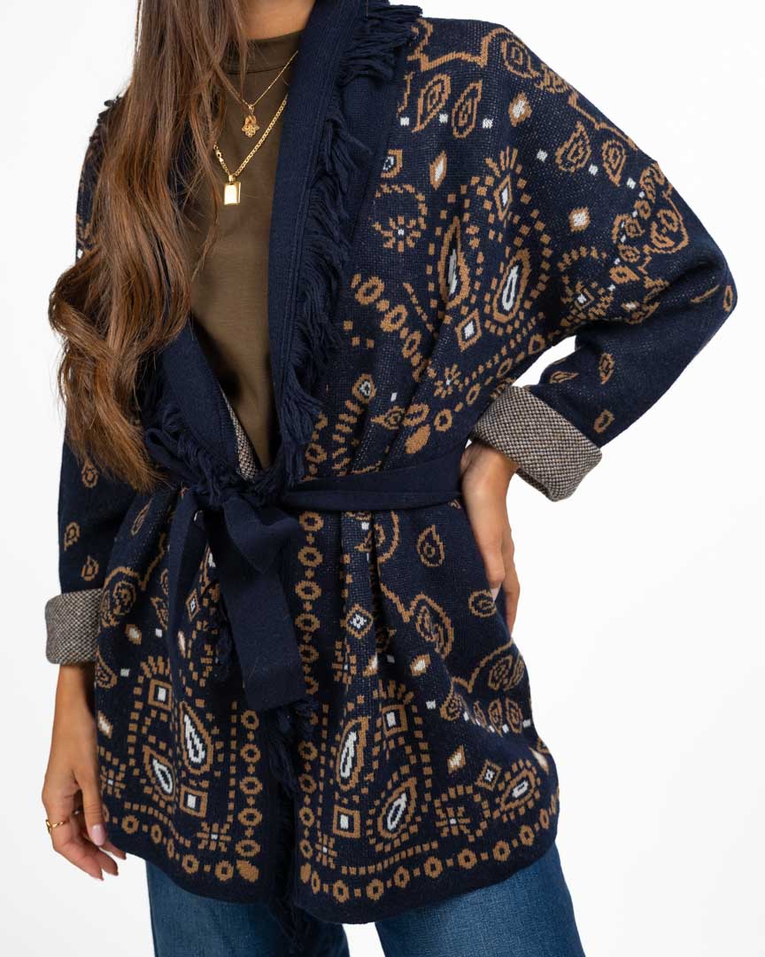 Cardigan Stile Jacquard con Frange e Cintura - Pennyblack
