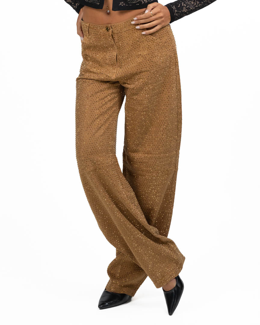Pantaloni Jeans Wide-Leg in Denim Cammello con Strass Dorati - Elisabetta Franchi