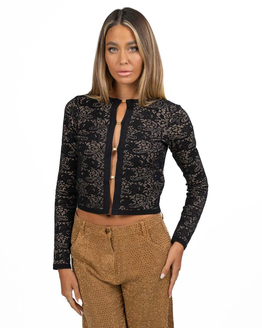 Cardigan Cropped in Maglia Traforata con Morsetti Gold - Elisabetta Franchi