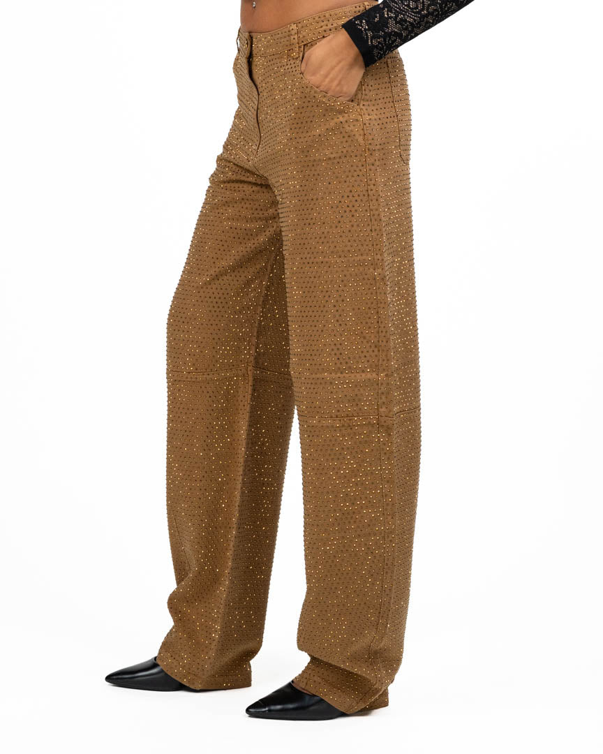 Pantaloni Jeans Wide-Leg in Denim Cammello con Strass Dorati - Elisabetta Franchi