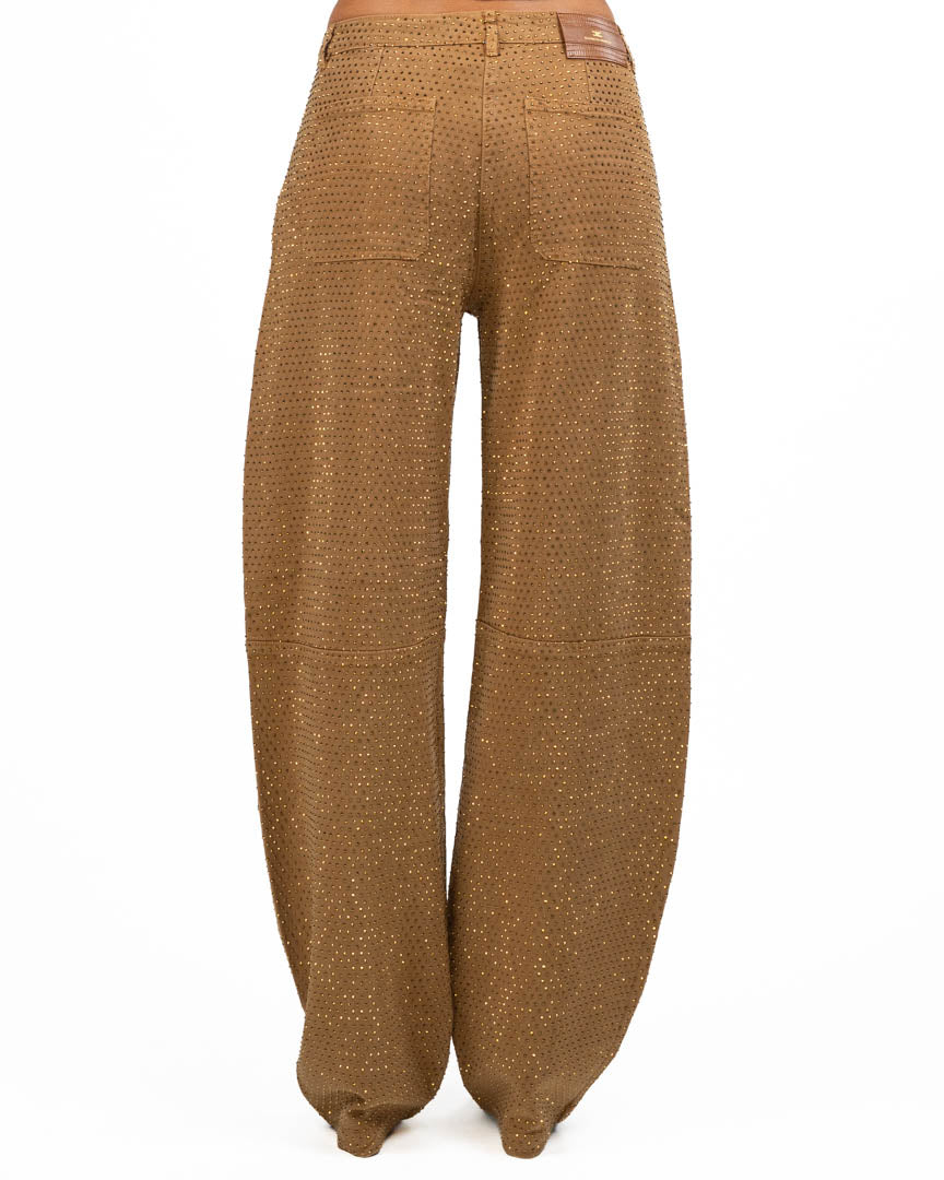 Pantaloni Jeans Wide-Leg in Denim Cammello con Strass Dorati - Elisabetta Franchi