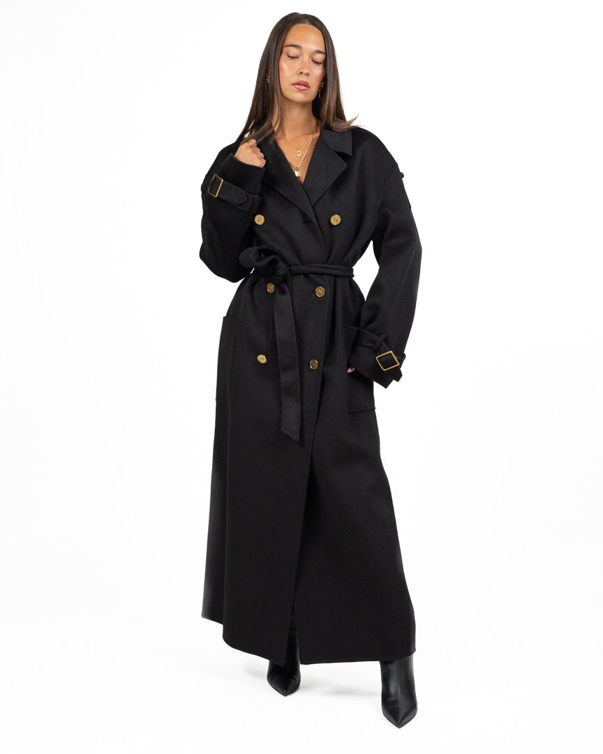 Cappotto Lungo Doppio Petto in Lana Nero con Bottoni Gold - Elisabetta Franchi