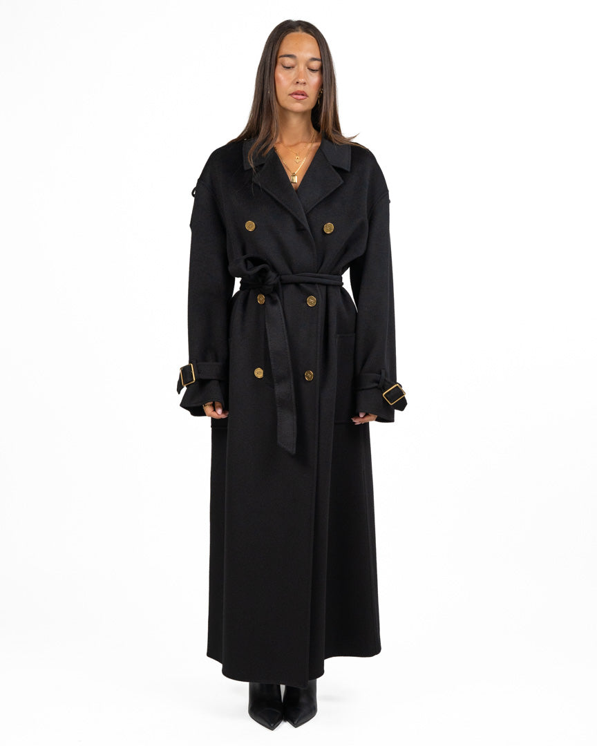 Cappotto Lungo Doppio Petto in Lana Nero con Bottoni Gold - Elisabetta Franchi