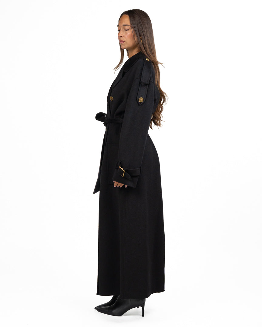 Cappotto Lungo Doppio Petto in Lana Nero con Bottoni Gold - Elisabetta Franchi