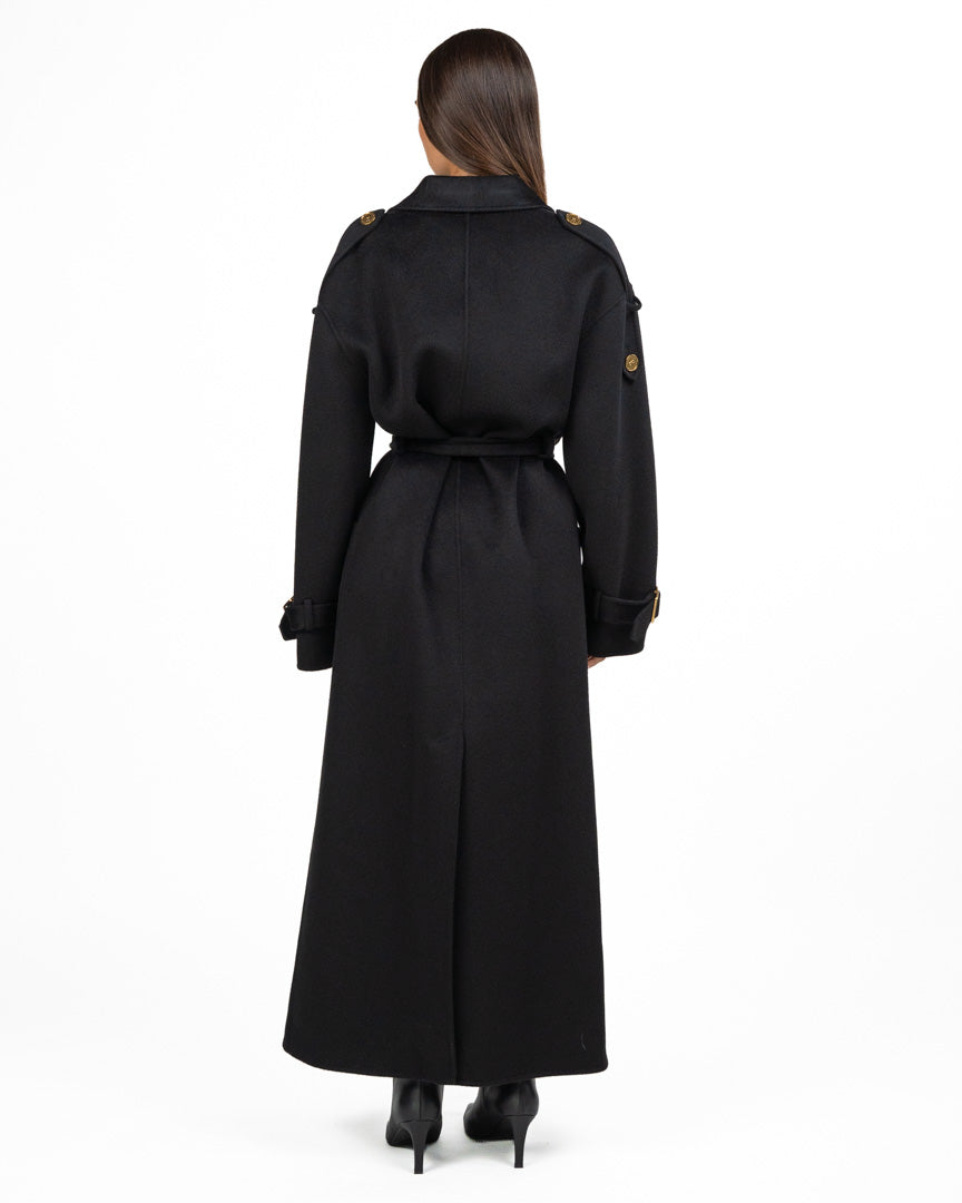 Cappotto Lungo Doppio Petto in Lana Nero con Bottoni Gold - Elisabetta Franchi
