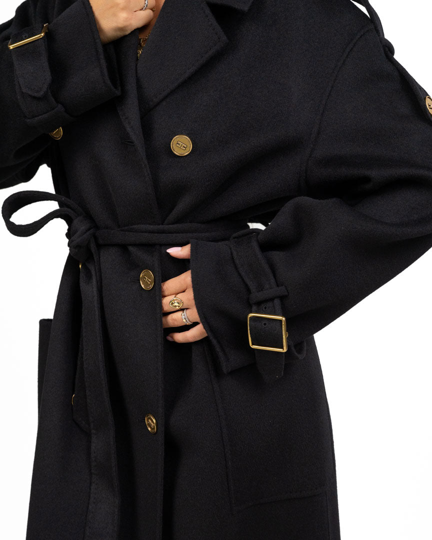 Cappotto Lungo Doppio Petto in Lana Nero con Bottoni Gold - Elisabetta Franchi