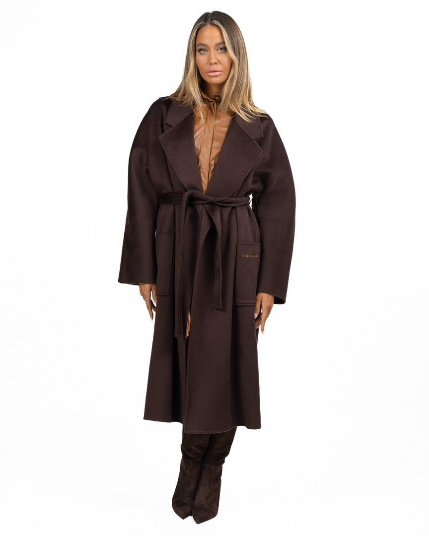 Cappotto Lungo Vestaglia in Lana Marrone con Cintura - Elisabetta Franchi