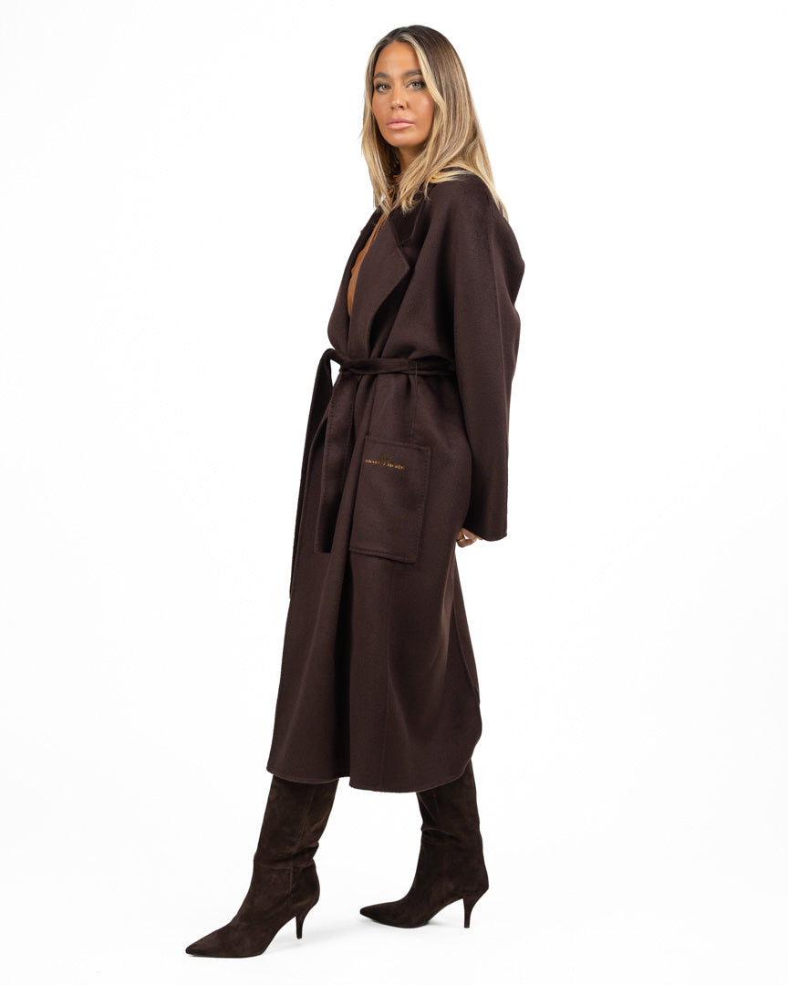 Cappotto Lungo Vestaglia in Lana Marrone con Cintura - Elisabetta Franchi