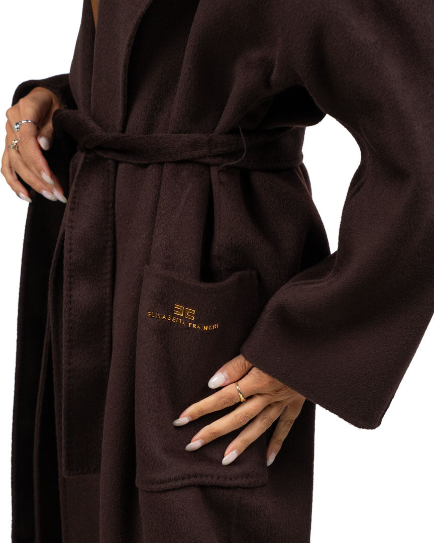 Cappotto Lungo Vestaglia in Lana Marrone con Cintura - Elisabetta Franchi
