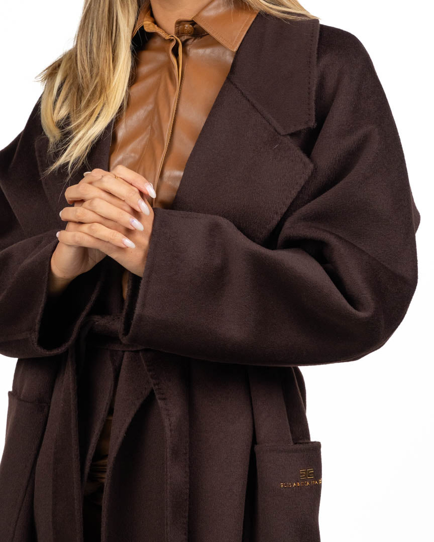 Cappotto Lungo Vestaglia in Lana Marrone con Cintura - Elisabetta Franchi