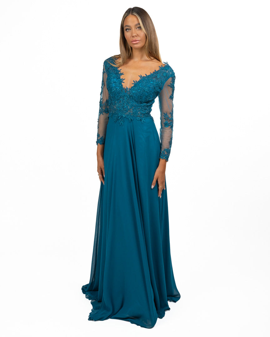 Abito Lungo con Maniche in Pizzo Blu Petrolio - Berti Mode Collection