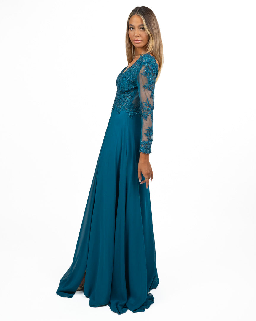 Abito Lungo con Maniche in Pizzo Blu Petrolio - Berti Mode Collection