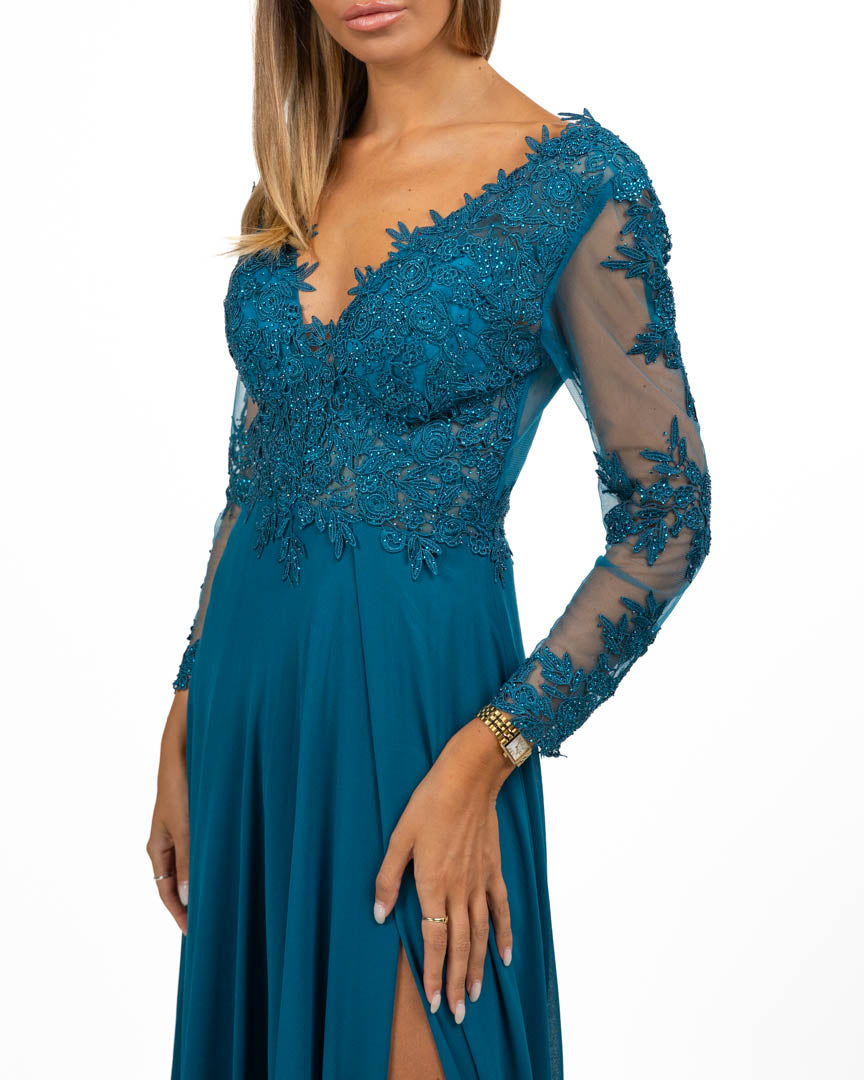Abito Lungo con Maniche in Pizzo Blu Petrolio - Berti Mode Collection