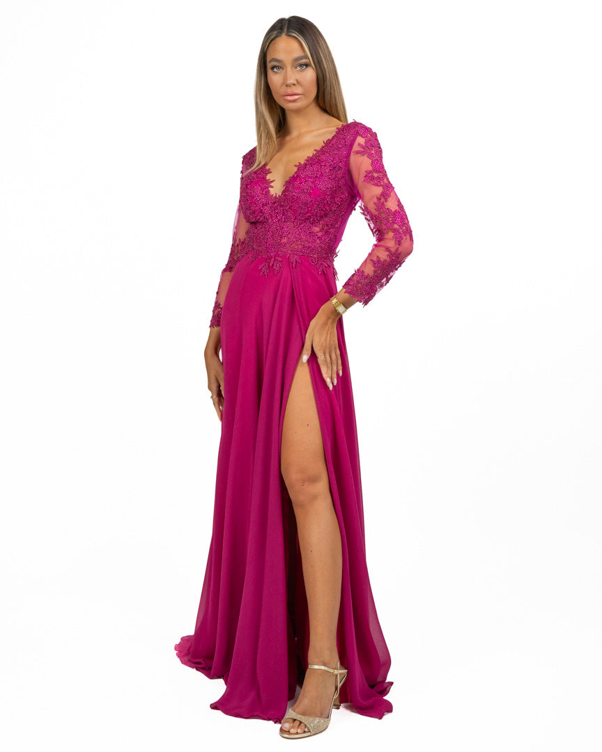 Abito Lungo con Maniche in Pizzo Magenta - Berti Mode Collection