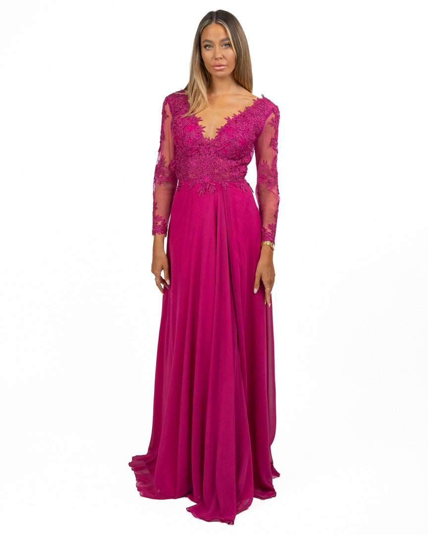 Abito Lungo con Maniche in Pizzo Magenta - Berti Mode Collection