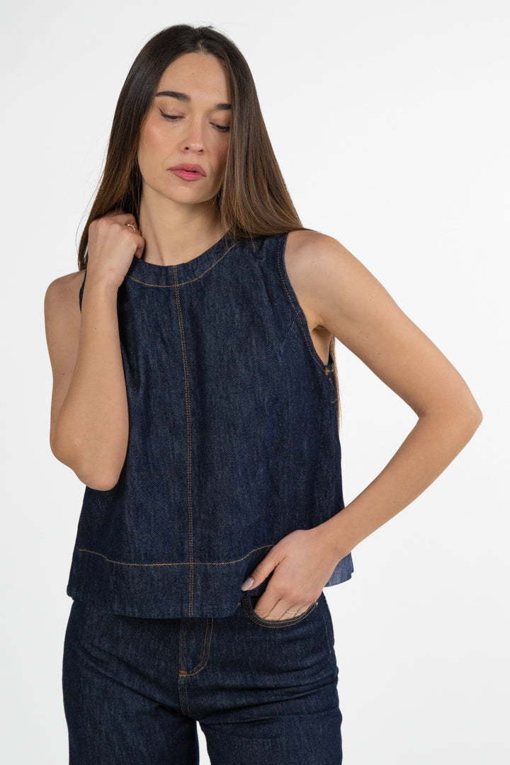 Top Smanicato in Denim Scuro – Taglio Boxy - Roy Roger's