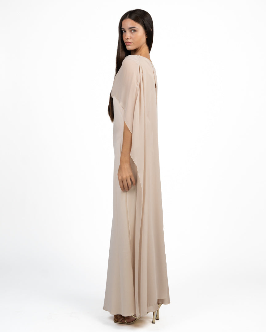 Elegante Abito Lungo con Mantella a Sovrapposizione beige - Rinascimento