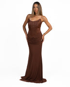 Elegante Abito Lungo a Sirena Marrone con Corsetto - Berti Mode Collection