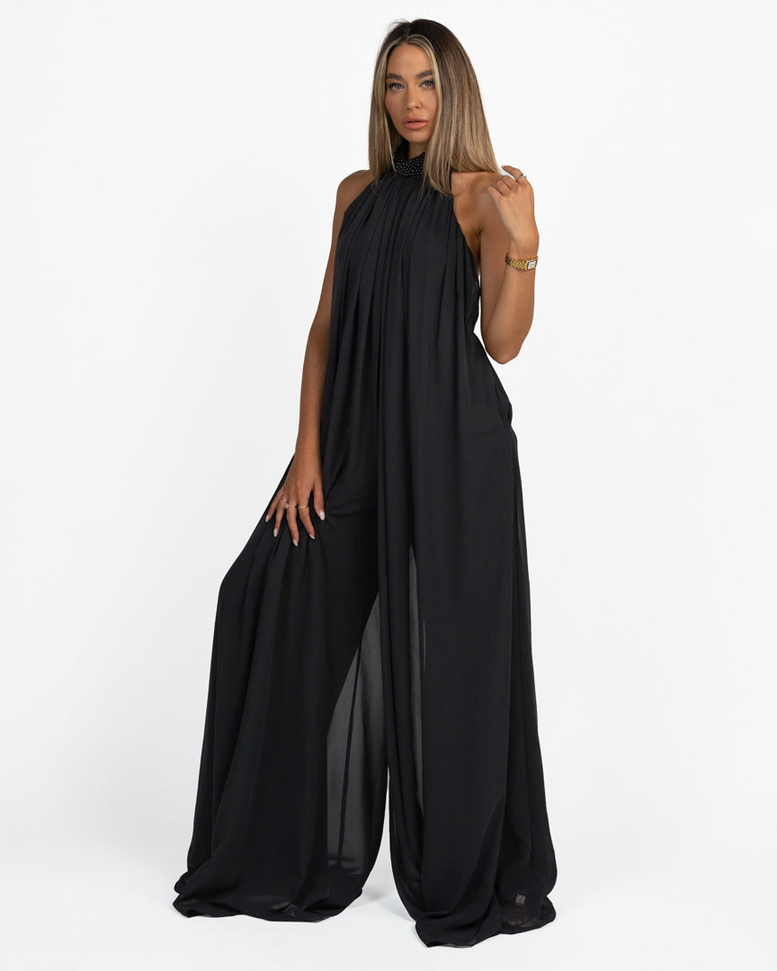 Elegante Tuta Intera Fluida con Scollo all'americana nero - Berti Mode Collection