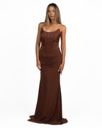 Elegante Abito Lungo a Sirena Marrone con Corsetto - Berti Mode Collection