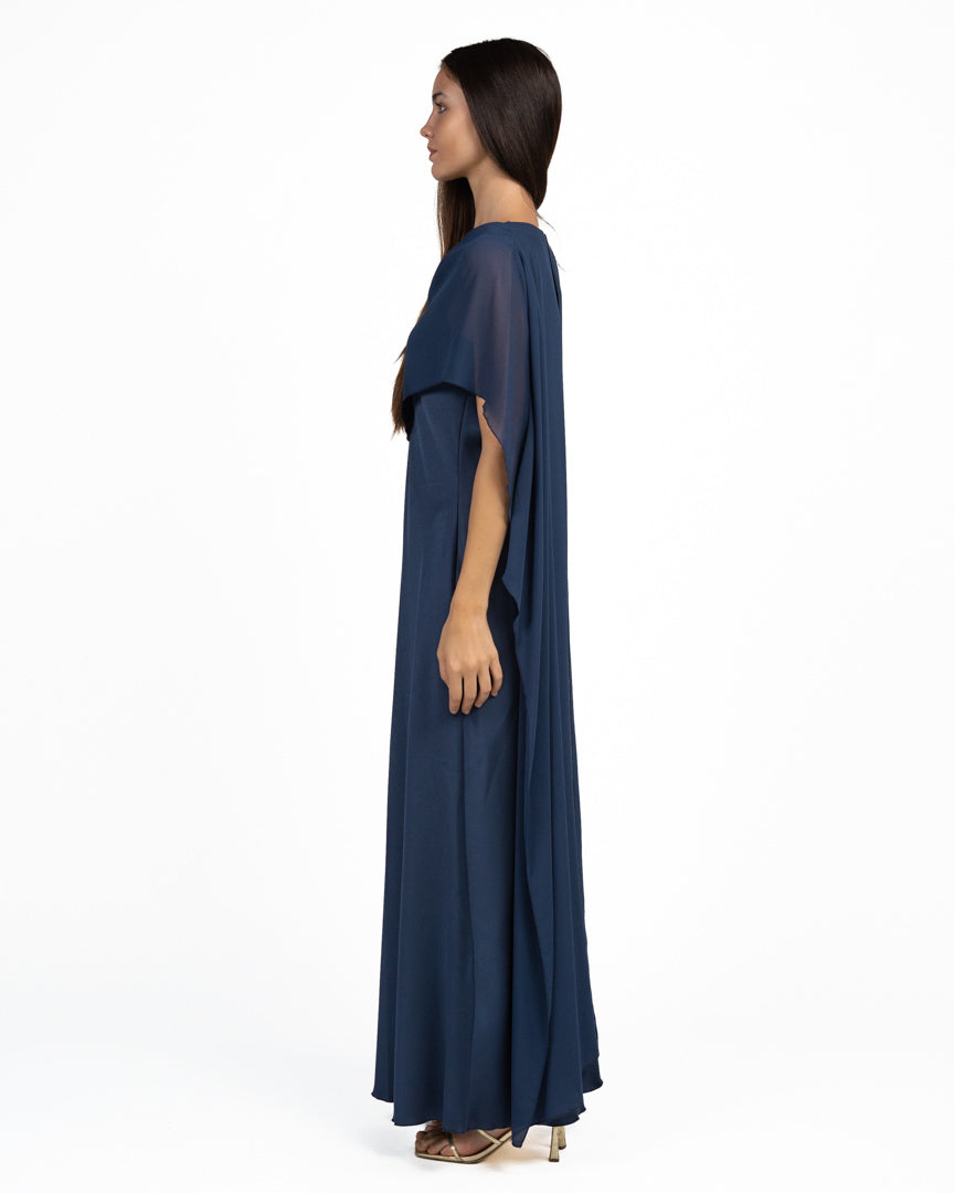 Elegante Abito Lungo con Mantella a Sovrapposizione blu - Rinascimento