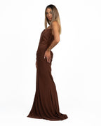 Elegante Abito Lungo a Sirena Marrone con Corsetto - Berti Mode Collection