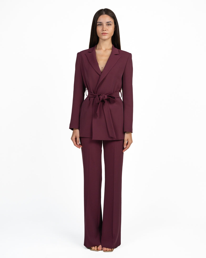 Completo Tailleur da Donna: Giacca Incrociata con Cintura e Pantaloni Palazzo bordeaux - Rinascimento
