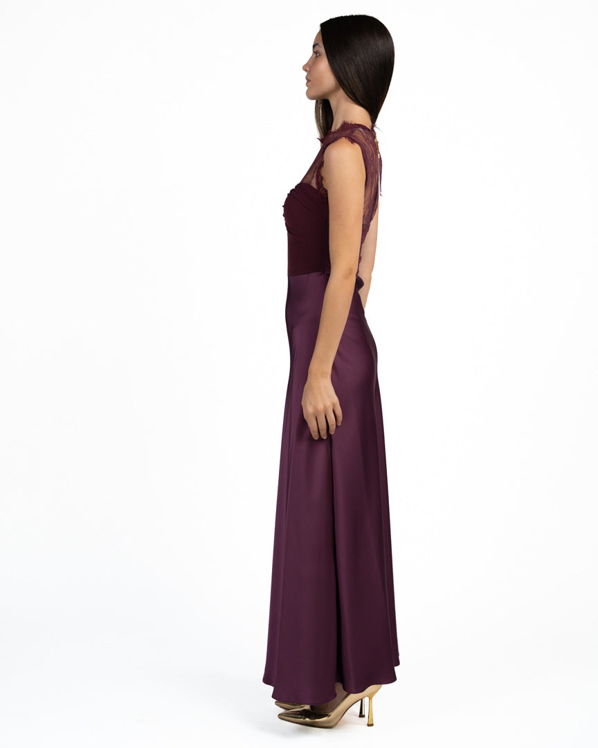 Abito  Elegante Bordeaux con Corpetto  in Pizzo - Rinascimento