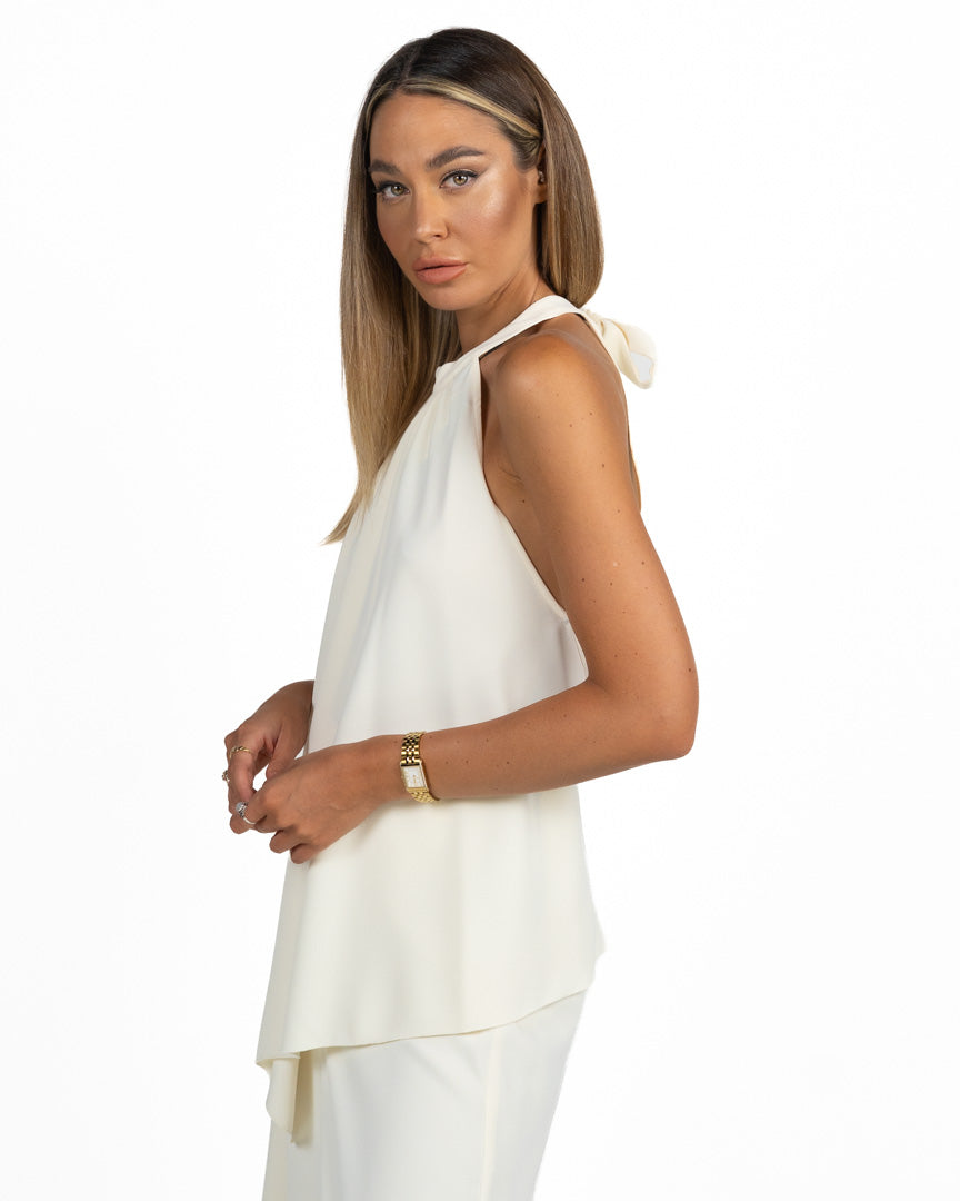 Top Canotta Fluido con Scollo Halter e Dettaglio Nappe bianco - Marella 365