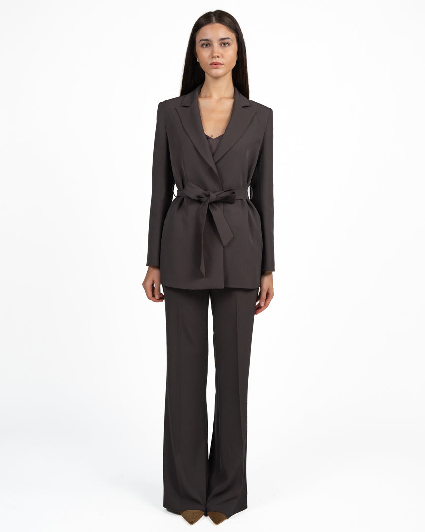 Completo Tailleur Giacca con Cintura e Pantalone Palazzo Marrone Cioccolato - Rinascimento