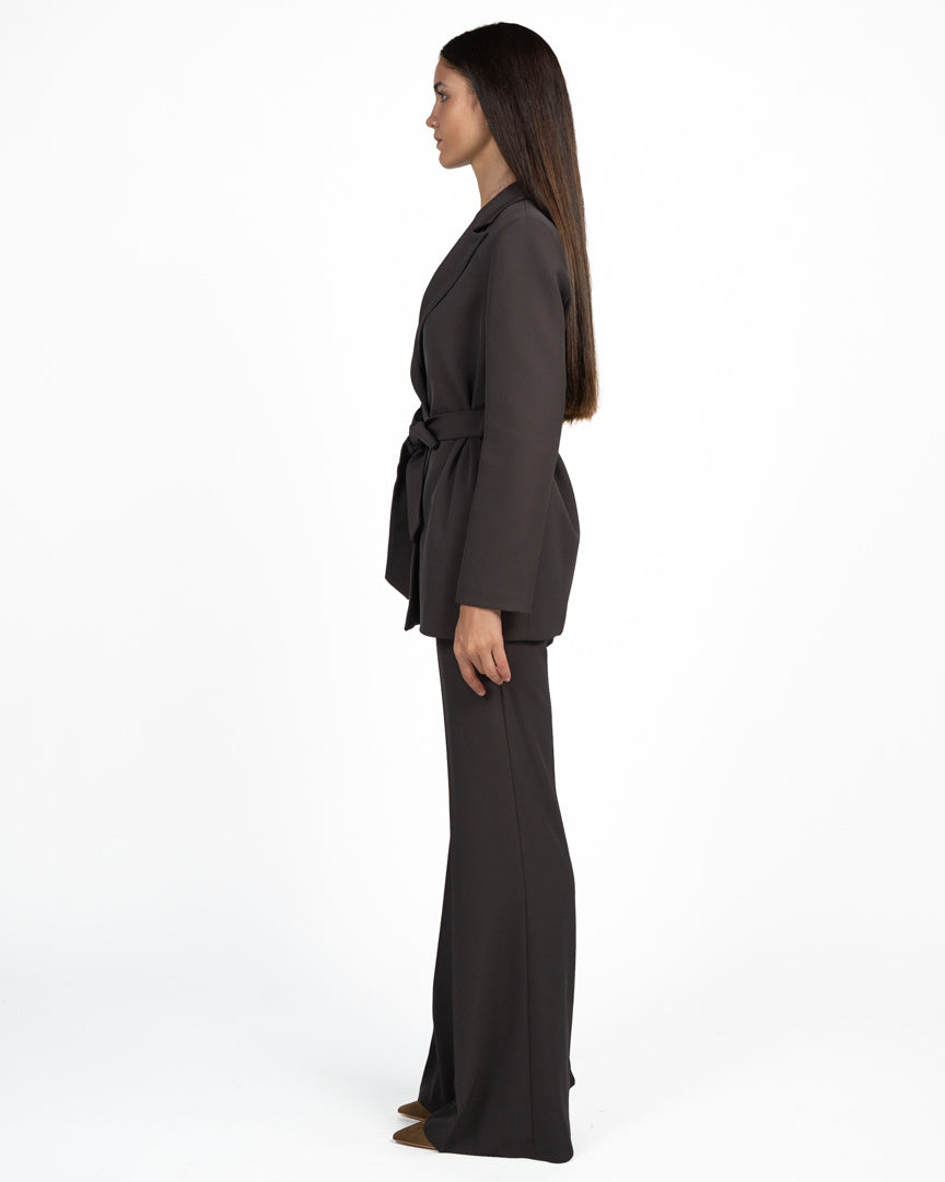 Completo Tailleur Giacca con Cintura e Pantalone Palazzo Marrone Cioccolato - Rinascimento