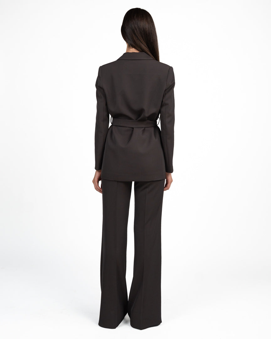 Completo Tailleur Giacca con Cintura e Pantalone Palazzo Marrone Cioccolato - Rinascimento