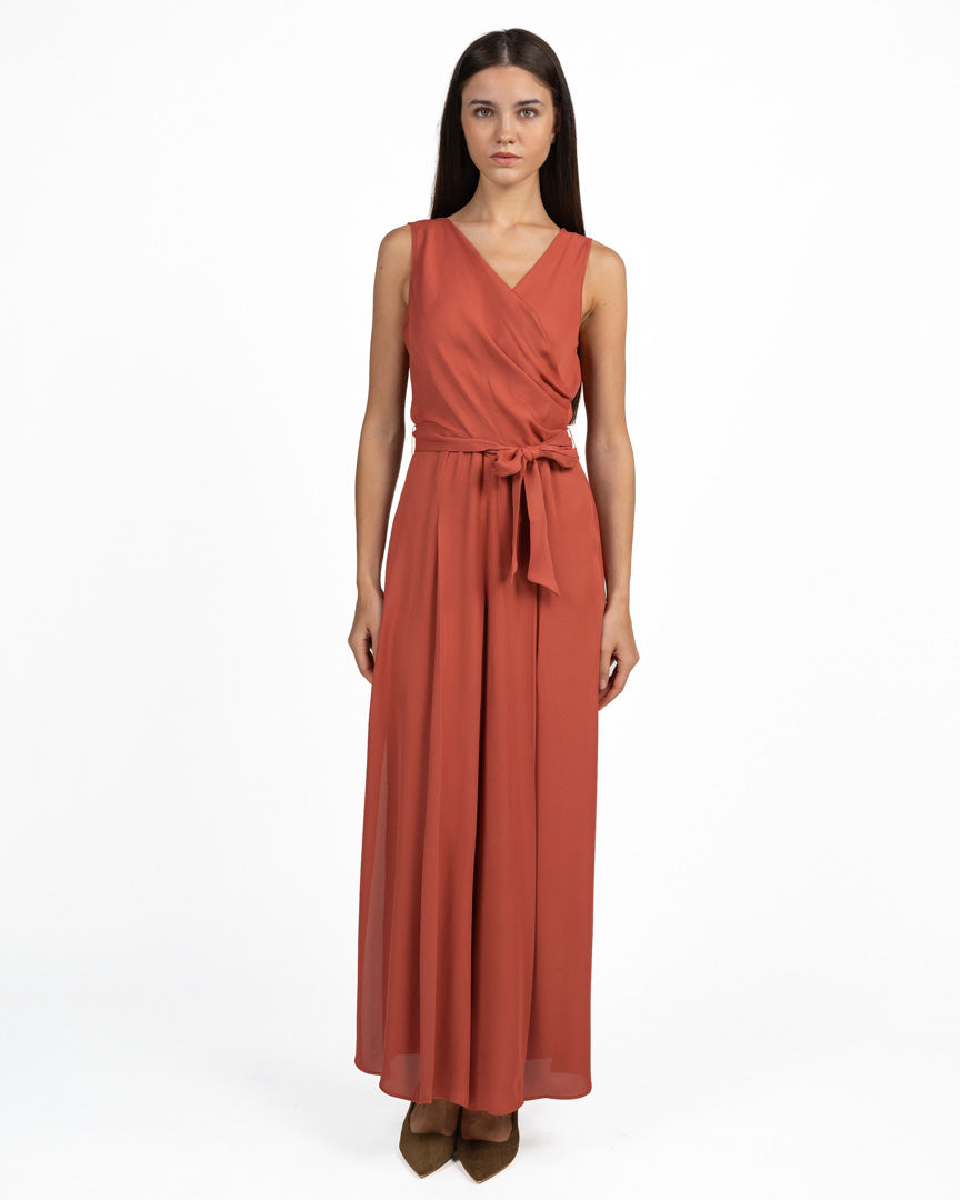 Tuta Jumpsuit Fluida con scollo Incrociato e Cintura ruggine - Pennyblack