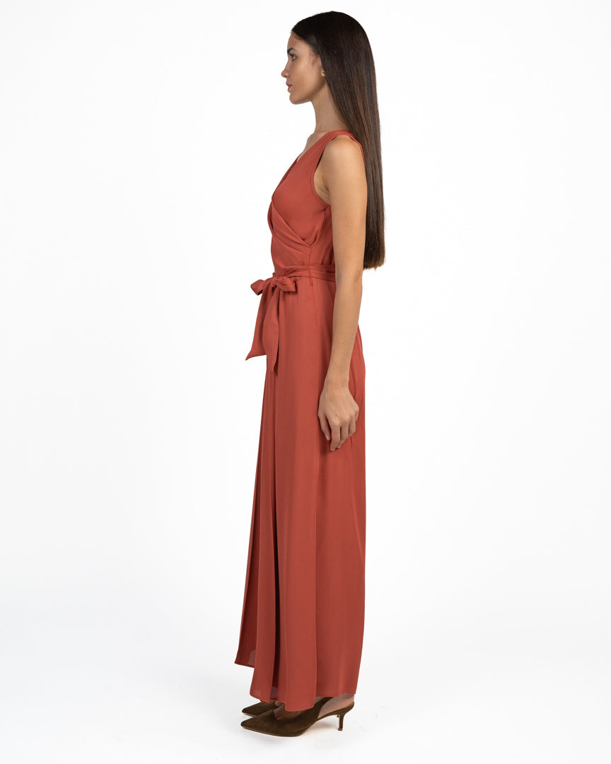 Tuta Jumpsuit Fluida con scollo Incrociato e Cintura ruggine - Pennyblack