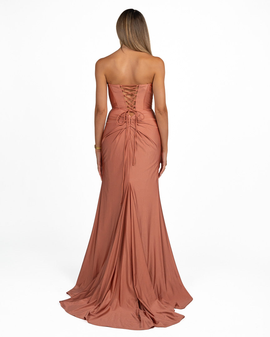 Abito Lungo con Corsetto e Nodo Drappeggiato terracotta - Berti Mode Collection