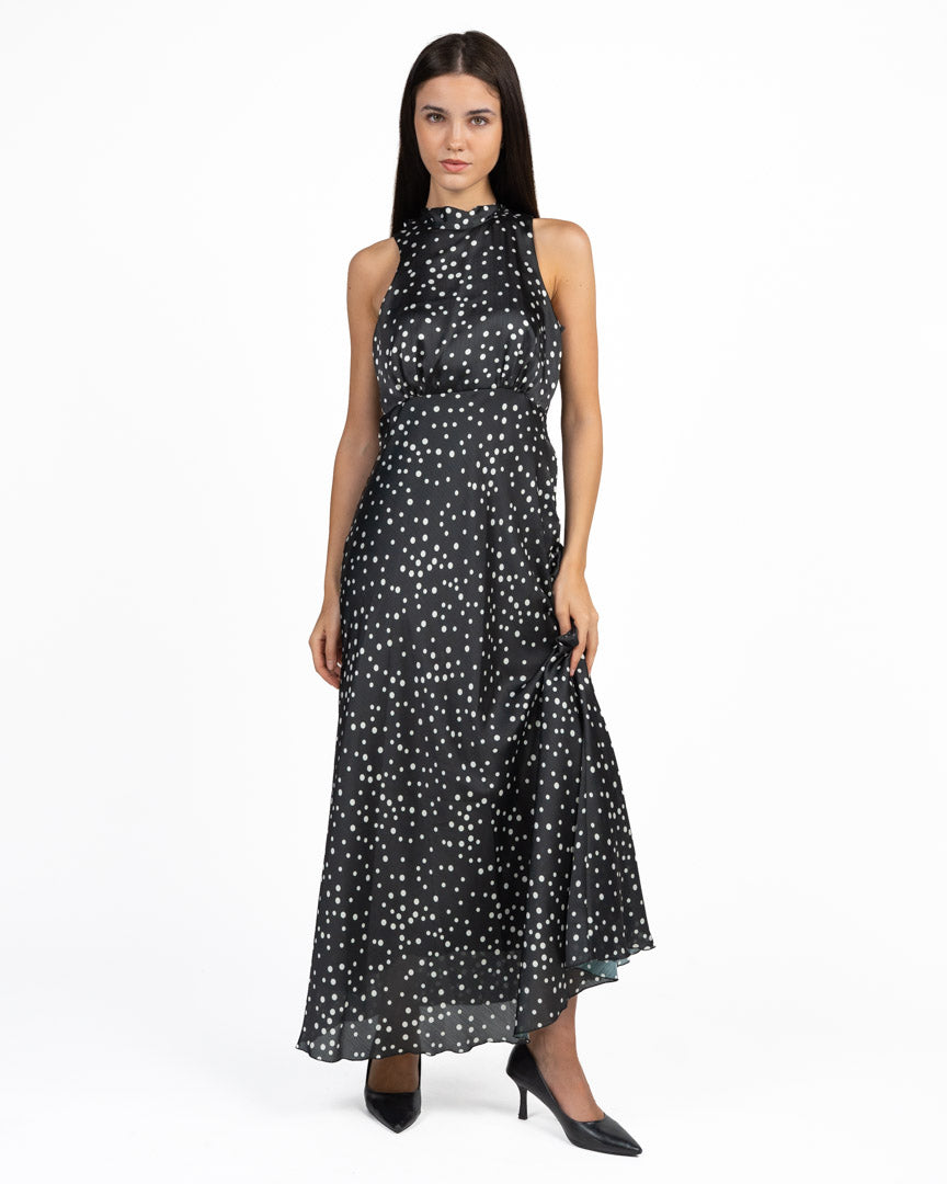 Abito Lungo a Pois Nero e Bianco con Scollo ad Halter e Fiocco - Rinascimento