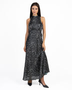 Abito Lungo a Pois Nero e Bianco con Scollo ad Halter e Fiocco - Rinascimento