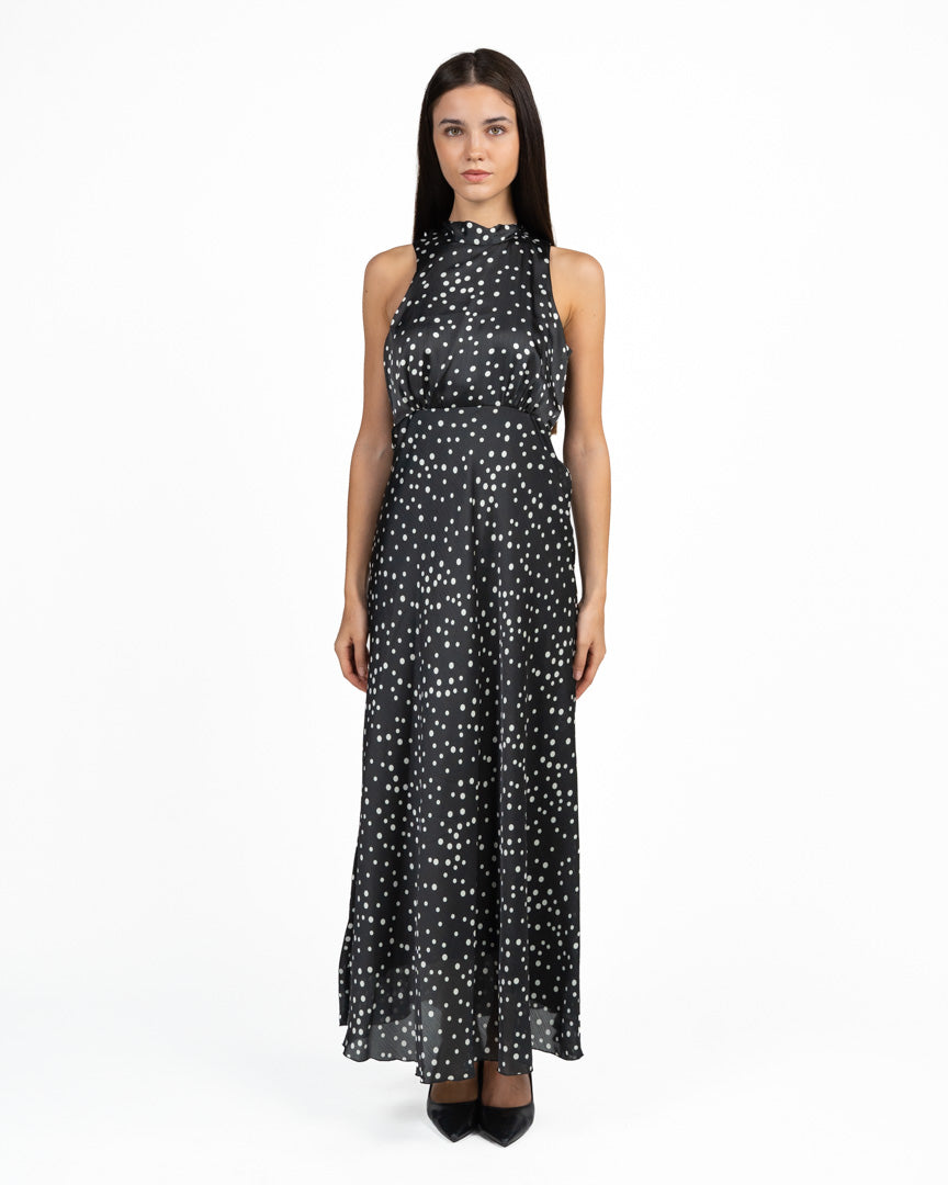 Abito Lungo a Pois Nero e Bianco con Scollo ad Halter e Fiocco - Rinascimento