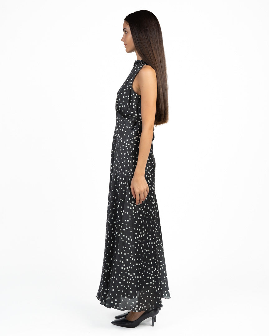 Abito Lungo a Pois Nero e Bianco con Scollo ad Halter e Fiocco - Rinascimento