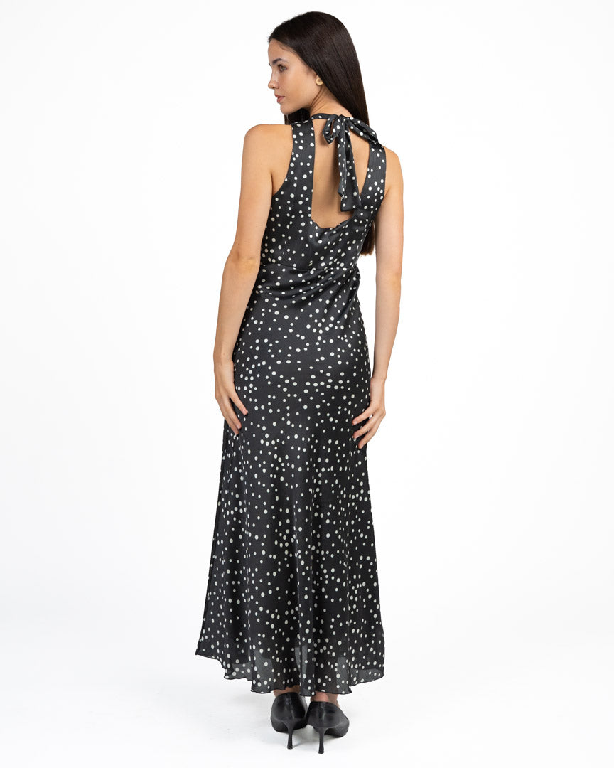 Abito Lungo a Pois Nero e Bianco con Scollo ad Halter e Fiocco - Rinascimento