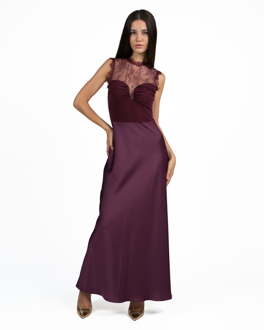 Abito  Elegante Bordeaux con Corpetto  in Pizzo - Rinascimento