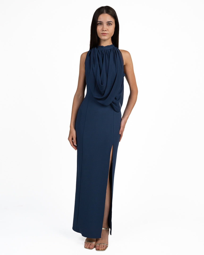 Abito Lungo Elegante Blu Notte con Scollo ad Halter e Drappeggio - Rinascimento