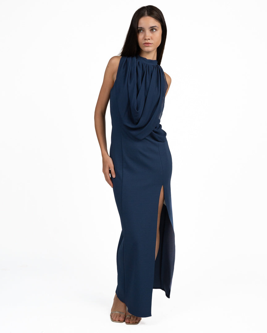 Abito Lungo Elegante Blu Notte con Scollo ad Halter e Drappeggio - Rinascimento
