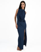 Abito Lungo Elegante Blu Notte con Scollo ad Halter e Drappeggio - Rinascimento