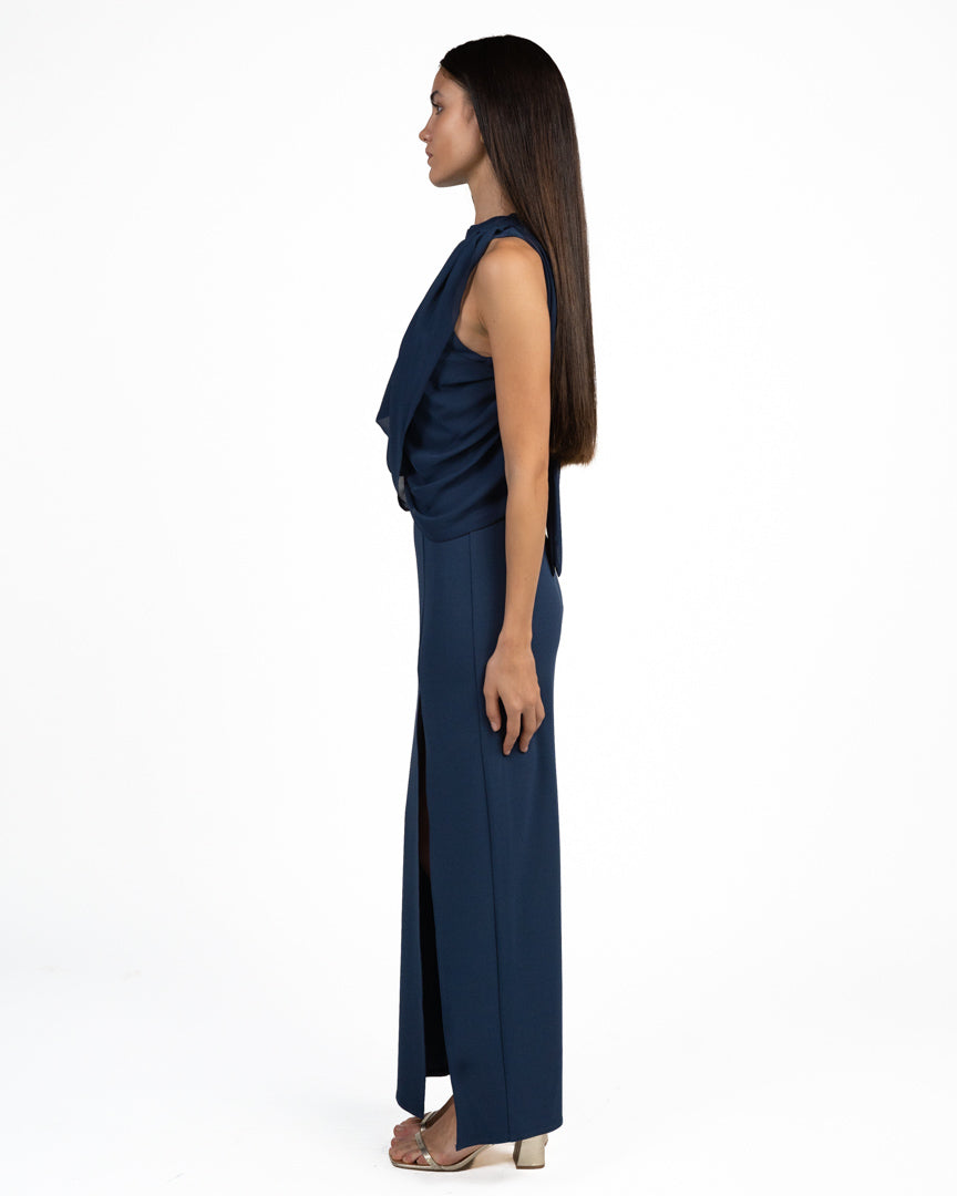 Abito Lungo Elegante Blu Notte con Scollo ad Halter e Drappeggio - Rinascimento