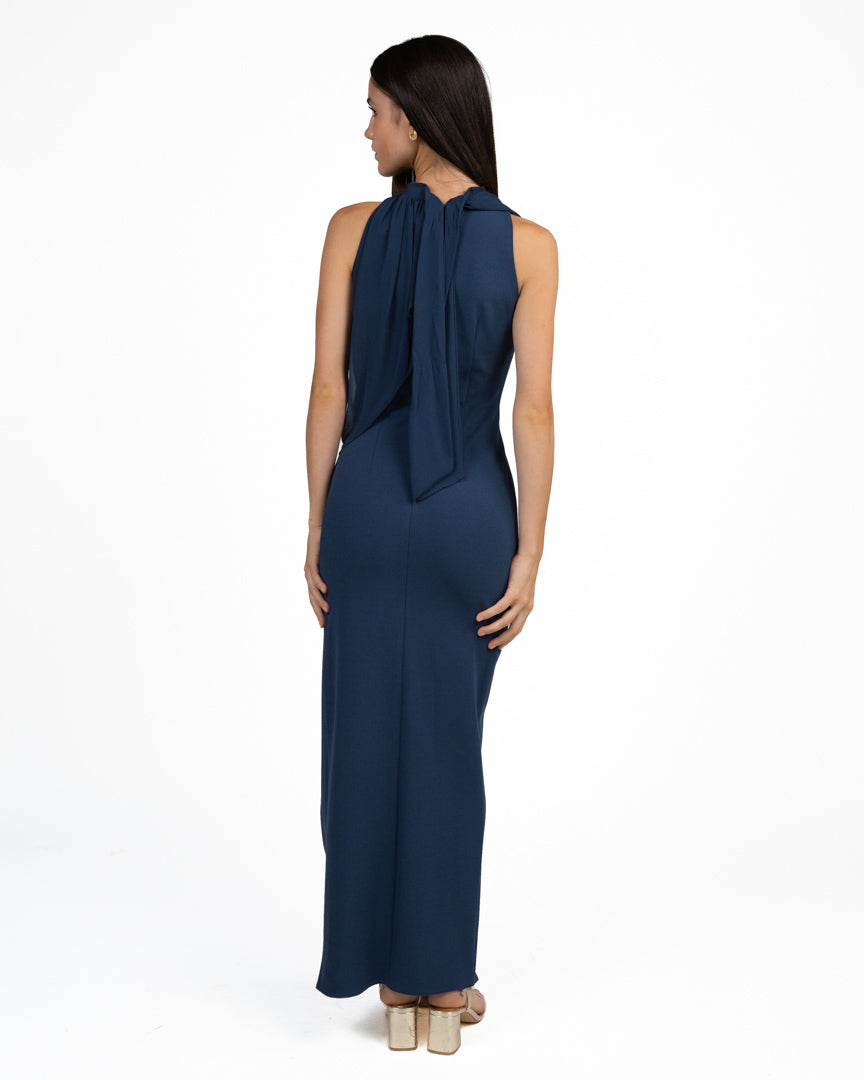 Abito Lungo Elegante Blu Notte con Scollo ad Halter e Drappeggio - Rinascimento